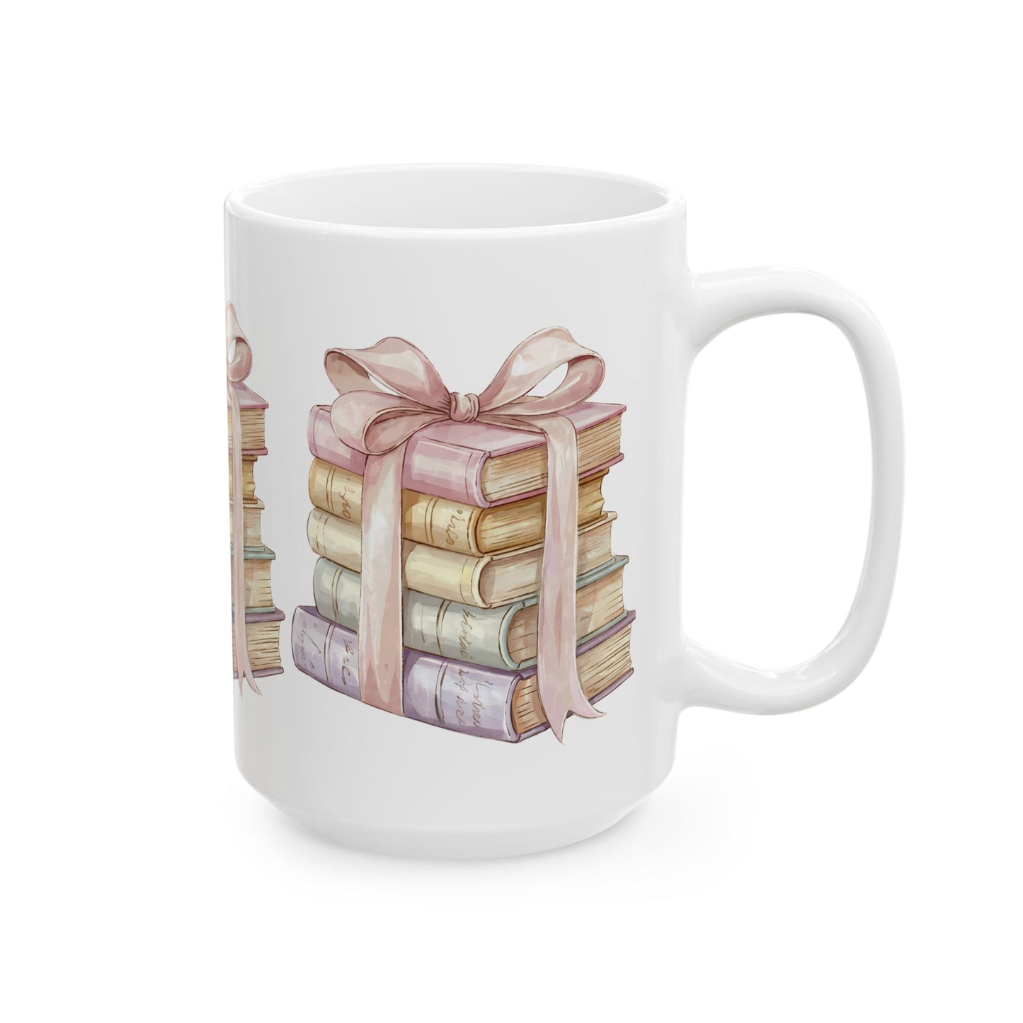 Book Lover Ceramic Mug — Stack of Vintage Books with Pink Ribbon (11oz & 15oz)