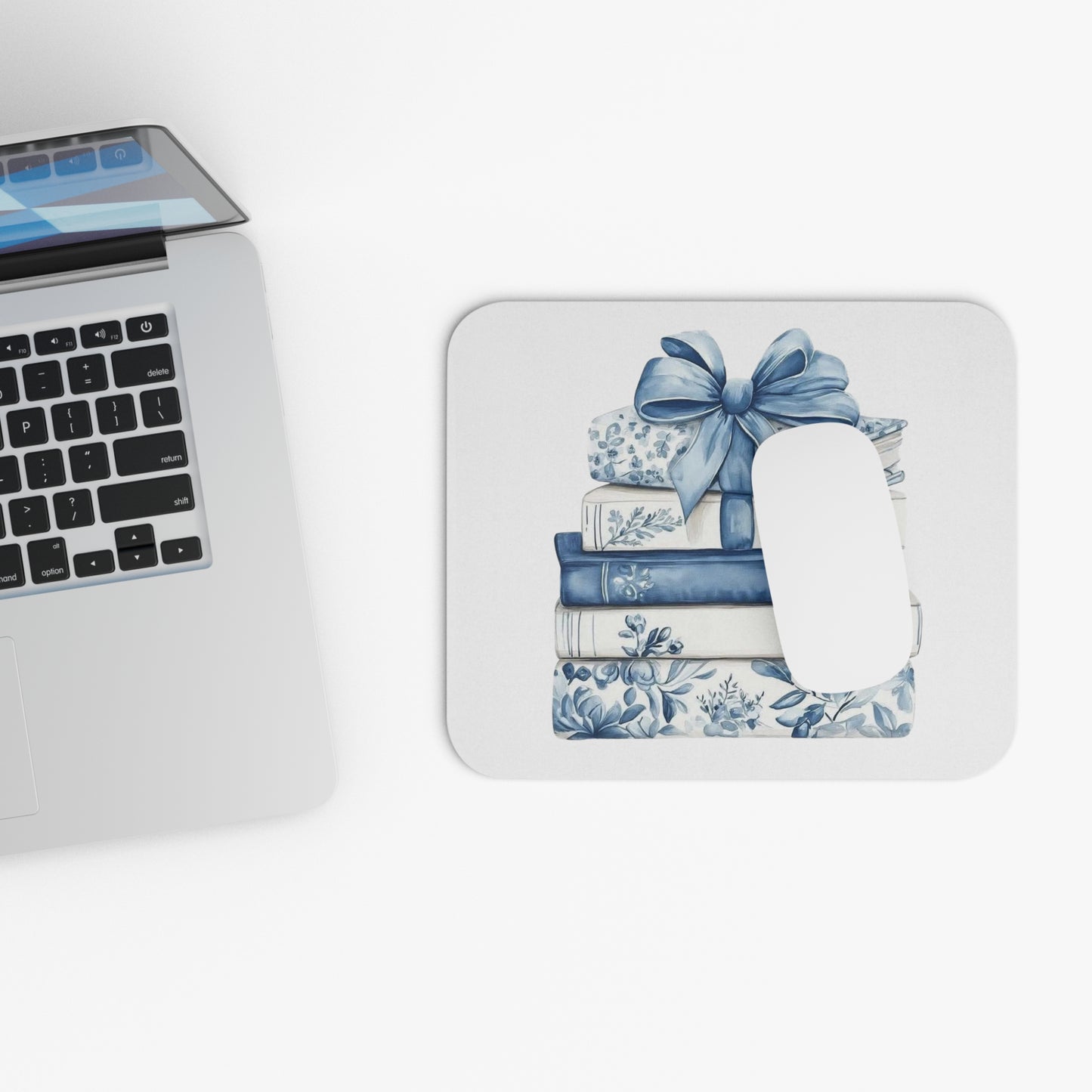 Blue Floral Stacked Books Mouse Pad