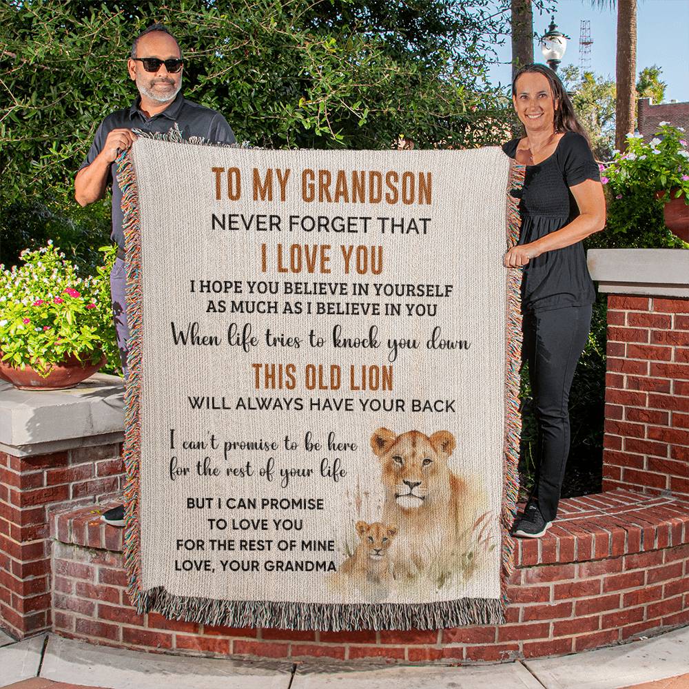 To My Grandson Lion Woven Blanket From Grandma