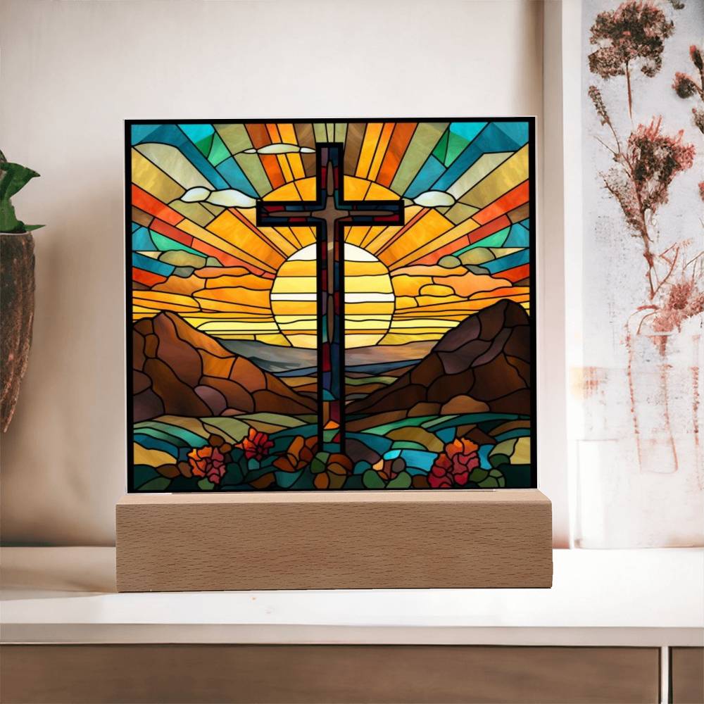 Stained Glass Cross Square Acrylic Plaque