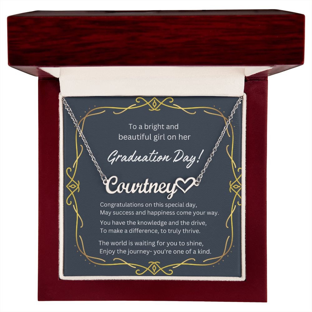 Graduation Cursive Name and Heart Necklace