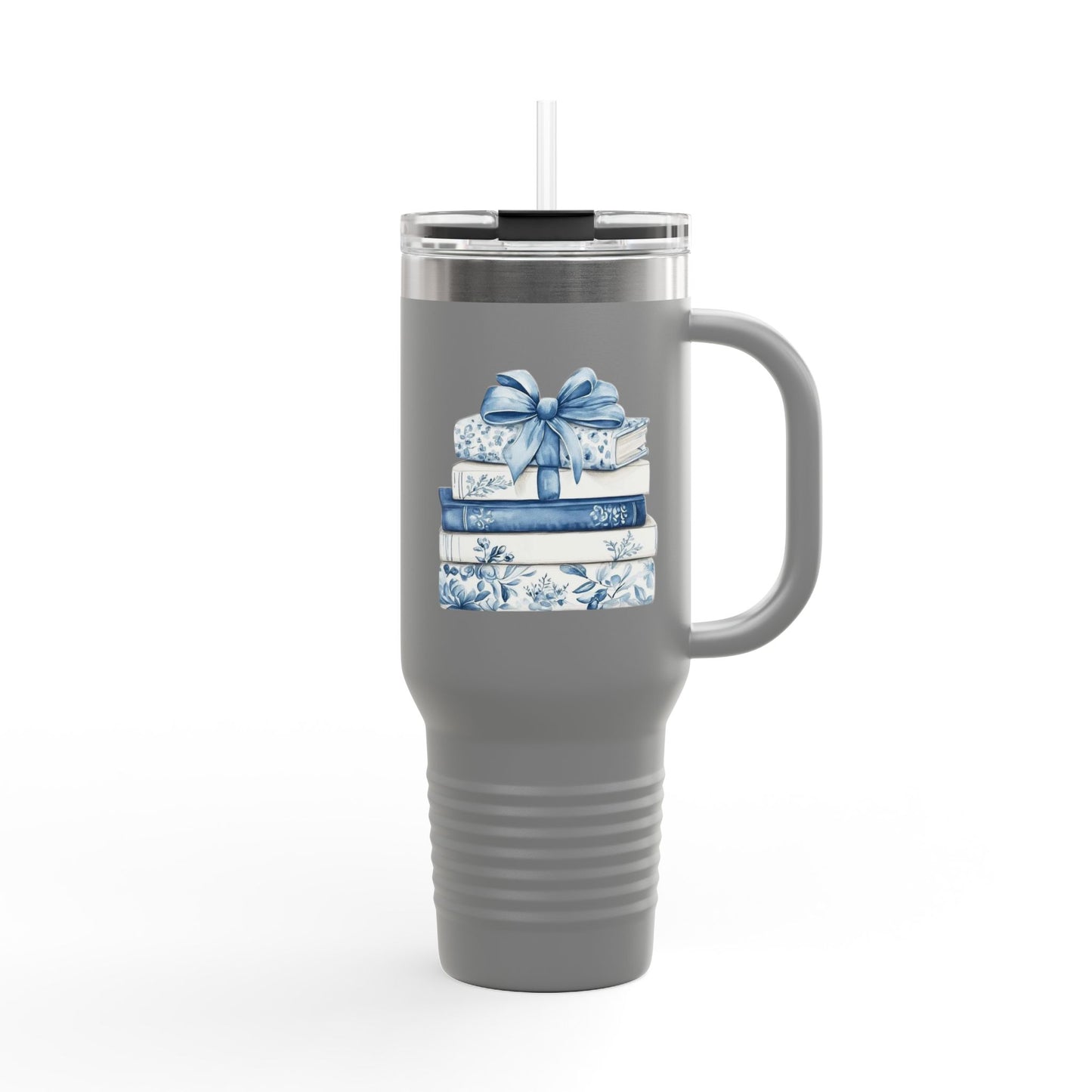 40oz Insulated Travel Mug — Blue Floral Book Stack Design