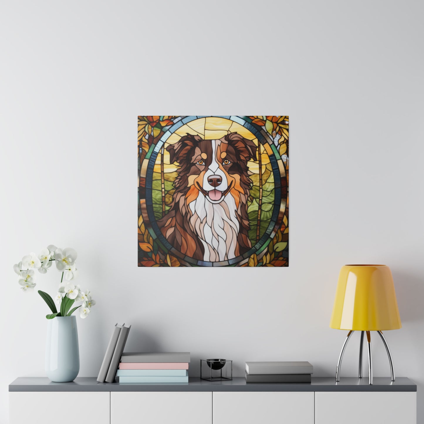 Stained Glass Australian Shepherd Dog Matte Canvas Wall Art