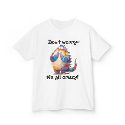 Kids Tee – Colorful Cat "Don't worry — We all crazy!" Cute Graphic