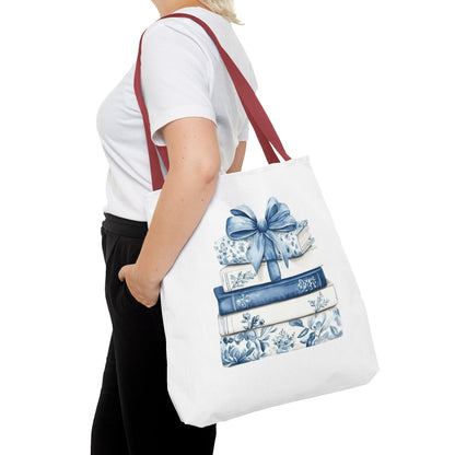 Blue Floral Book Stack Tote Bag