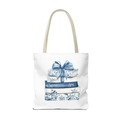 Blue Floral Book Stack Tote Bag