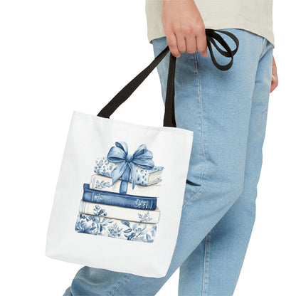 Blue Floral Book Stack Tote Bag