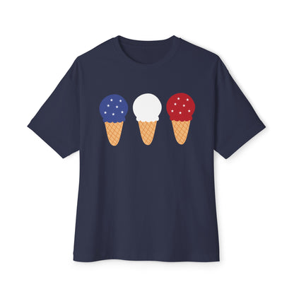 Red White and Blue Ice Cream Cone 4th of July Unisex Oversized Boxy Tee