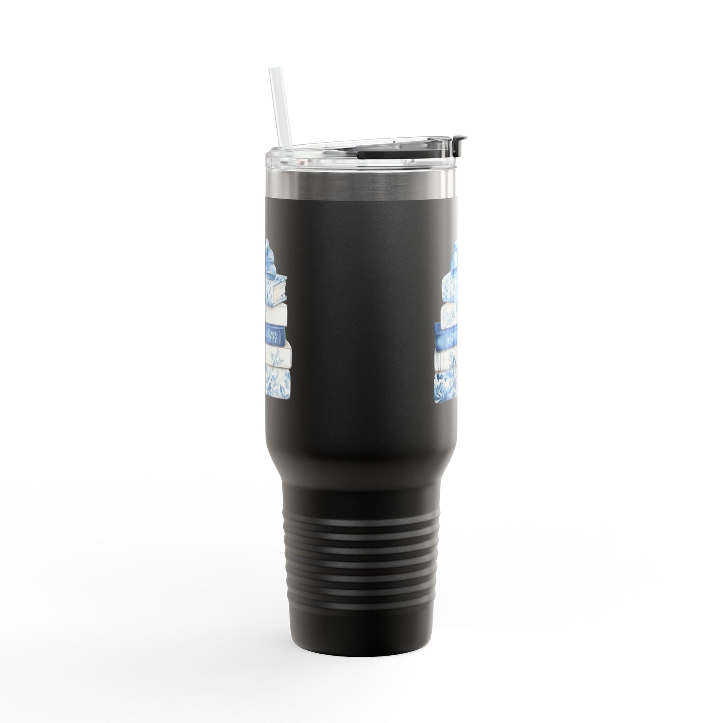 40oz Insulated Travel Mug — Blue Floral Book Stack Design