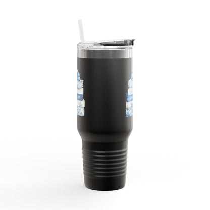 40oz Insulated Travel Mug — Blue Floral Book Stack Design