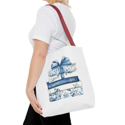 Blue Floral Book Stack Tote Bag