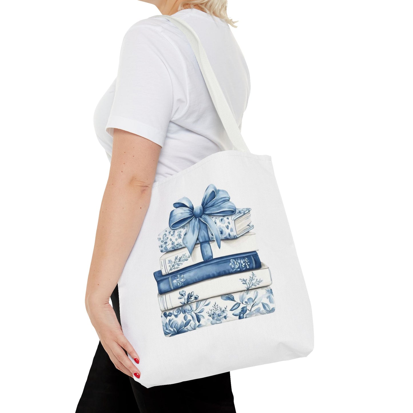 Blue Floral Book Stack Tote Bag