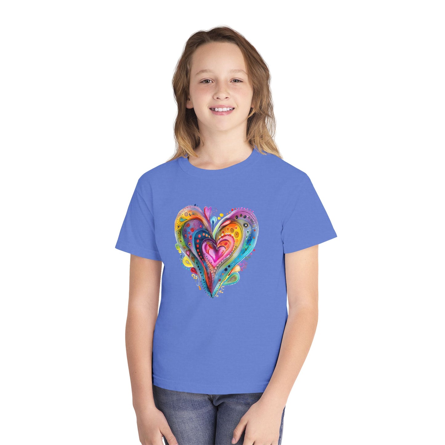 Youth Tee — Colorful Watercolor Heart Graphic Kids T-Shirt