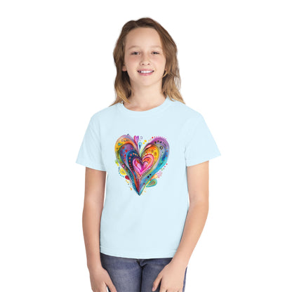 Youth Tee — Colorful Watercolor Heart Graphic Kids T-Shirt