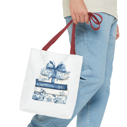 Blue Floral Book Stack Tote Bag
