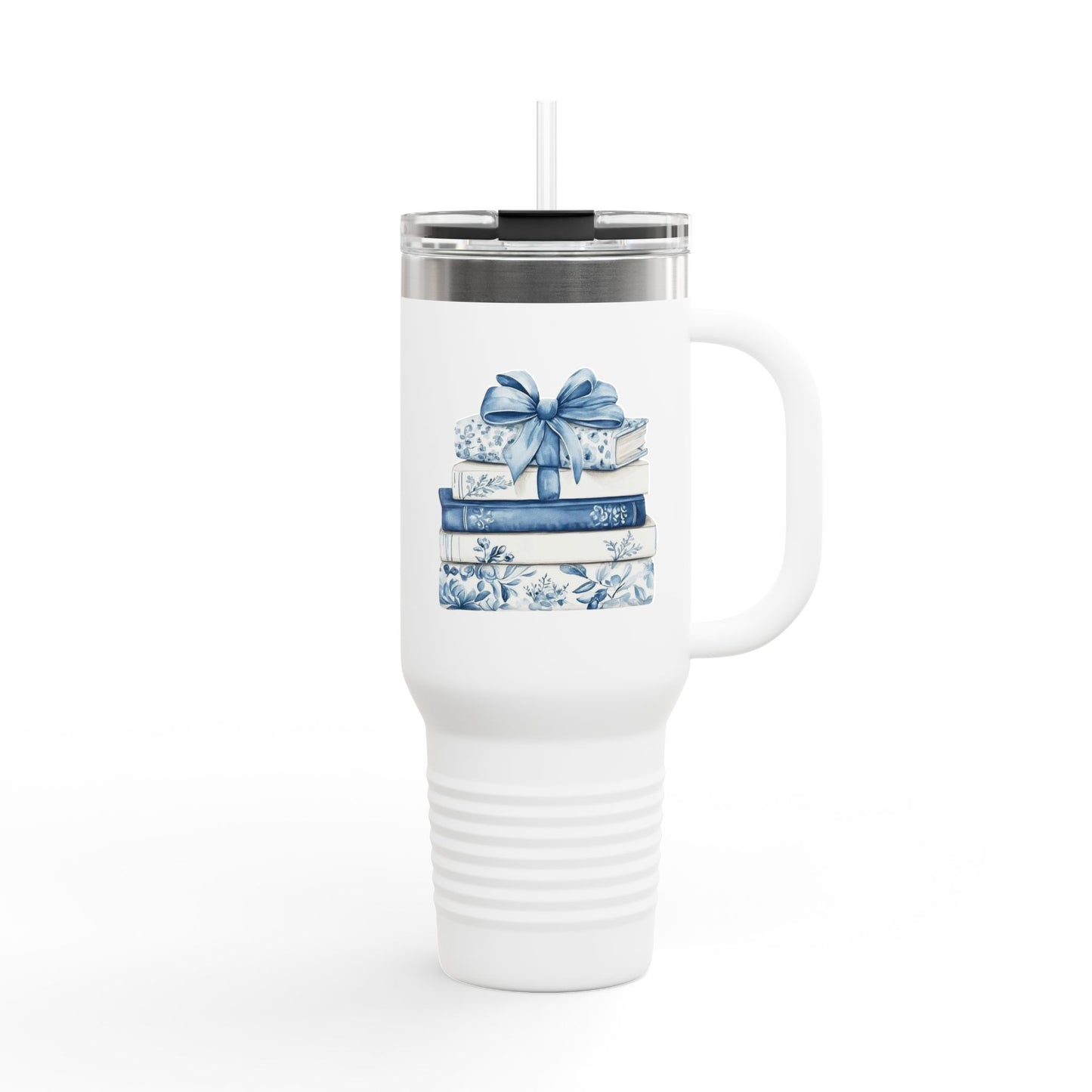 40oz Insulated Travel Mug — Blue Floral Book Stack Design