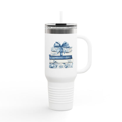 40oz Insulated Travel Mug — Blue Floral Book Stack Design