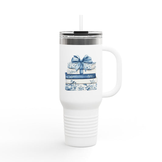 40oz Insulated Travel Mug — Blue Floral Book Stack Design