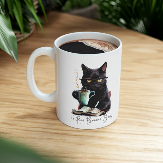 I READ  BANNED BOOKS BLACK CAT Ceramic Mug, 11oz