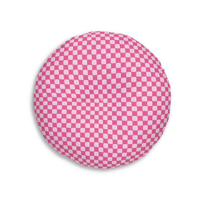 Pink Checked Tufted Floor Pillow, Round