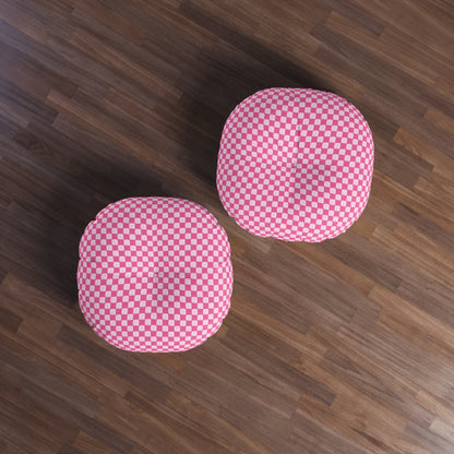 Pink Checked Tufted Floor Pillow, Round