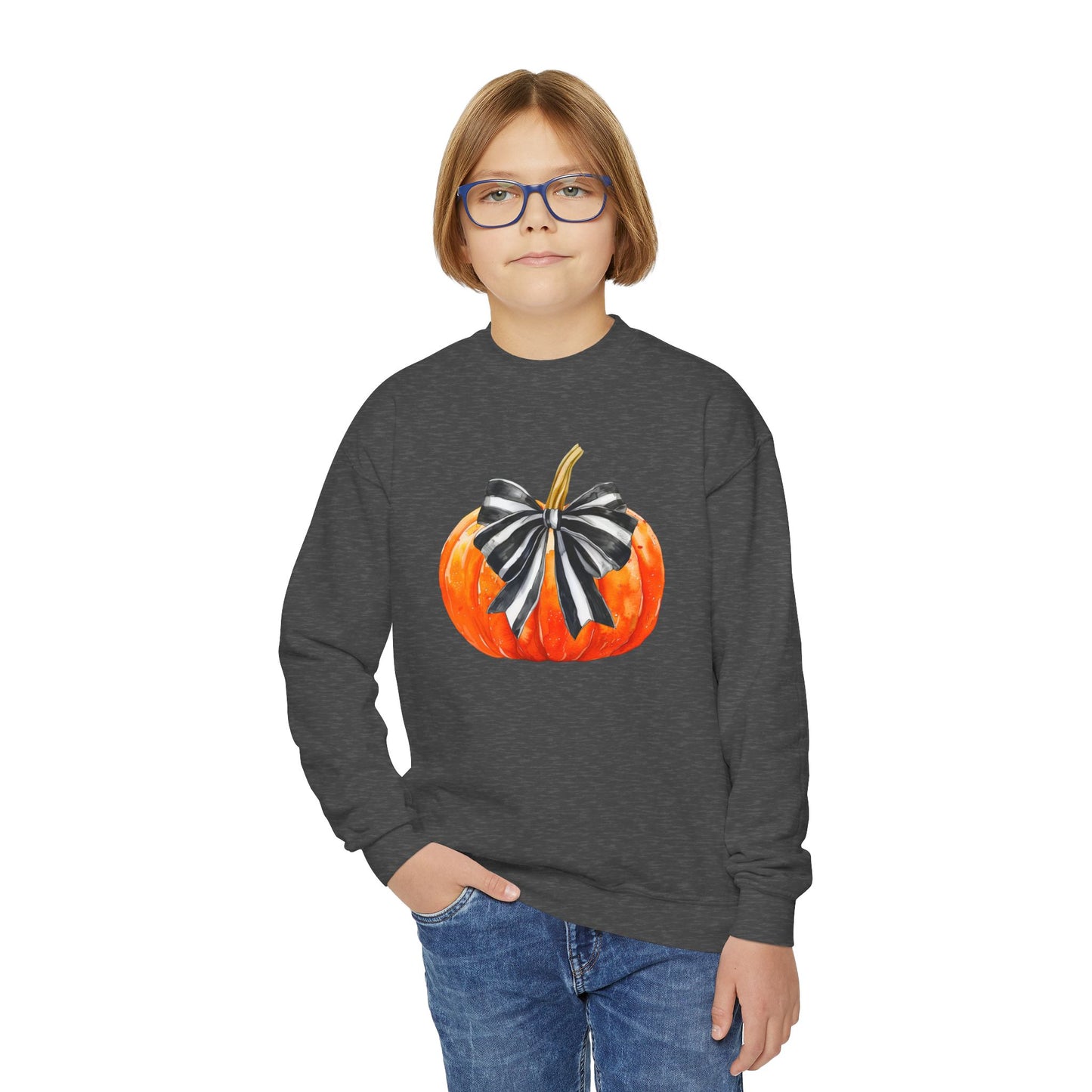 Coquette Pumpkin Halloween Youth Crewneck Sweatshirt