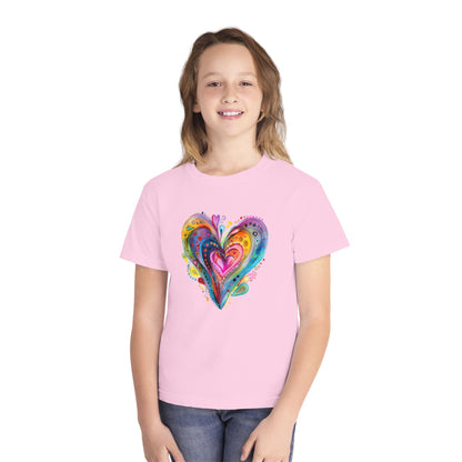 Youth Tee — Colorful Watercolor Heart Graphic Kids T-Shirt