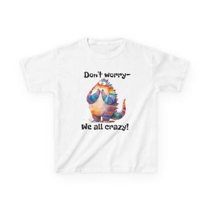 Kids Tee – Colorful Cat "Don't worry — We all crazy!" Cute Graphic