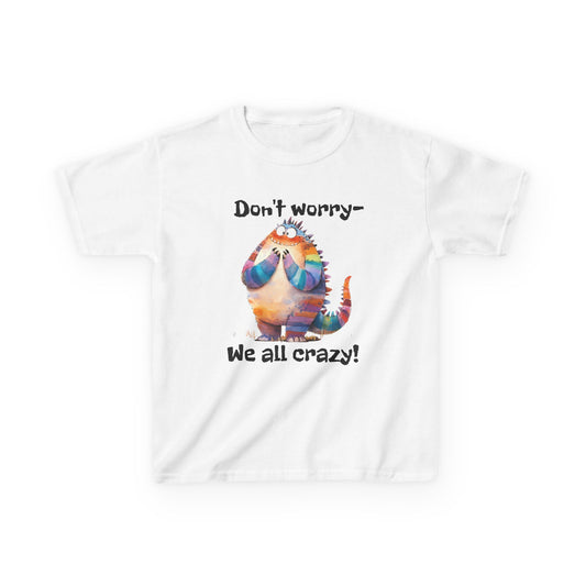 Kids Tee – Colorful Cat "Don't worry — We all crazy!" Cute Graphic