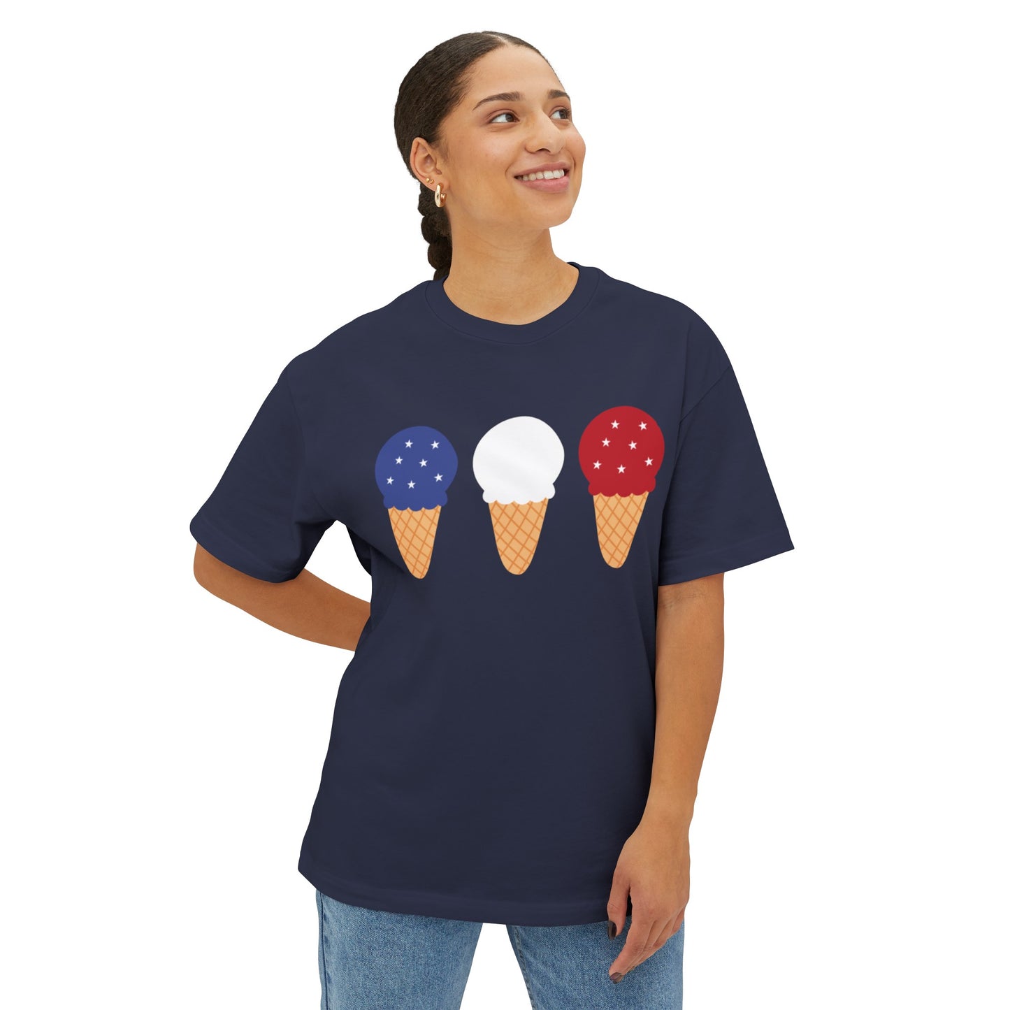 Red White and Blue Ice Cream Cone 4th of July Unisex Oversized Boxy Tee