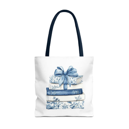 Blue Floral Book Stack Tote Bag