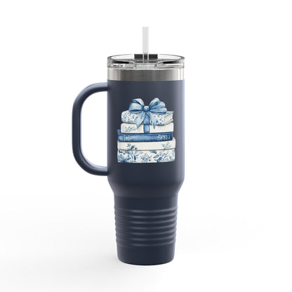 40oz Insulated Travel Mug — Blue Floral Book Stack Design