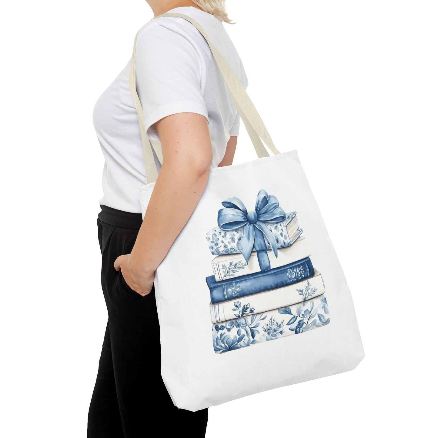 Blue Floral Book Stack Tote Bag