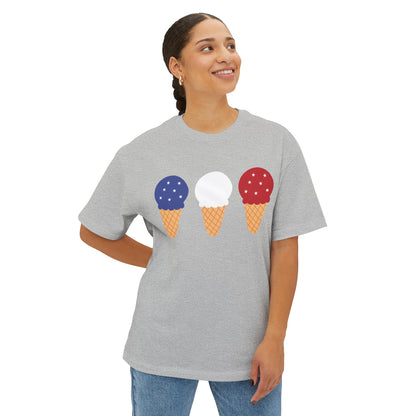 Red White and Blue Ice Cream Cone 4th of July Unisex Oversized Boxy Tee