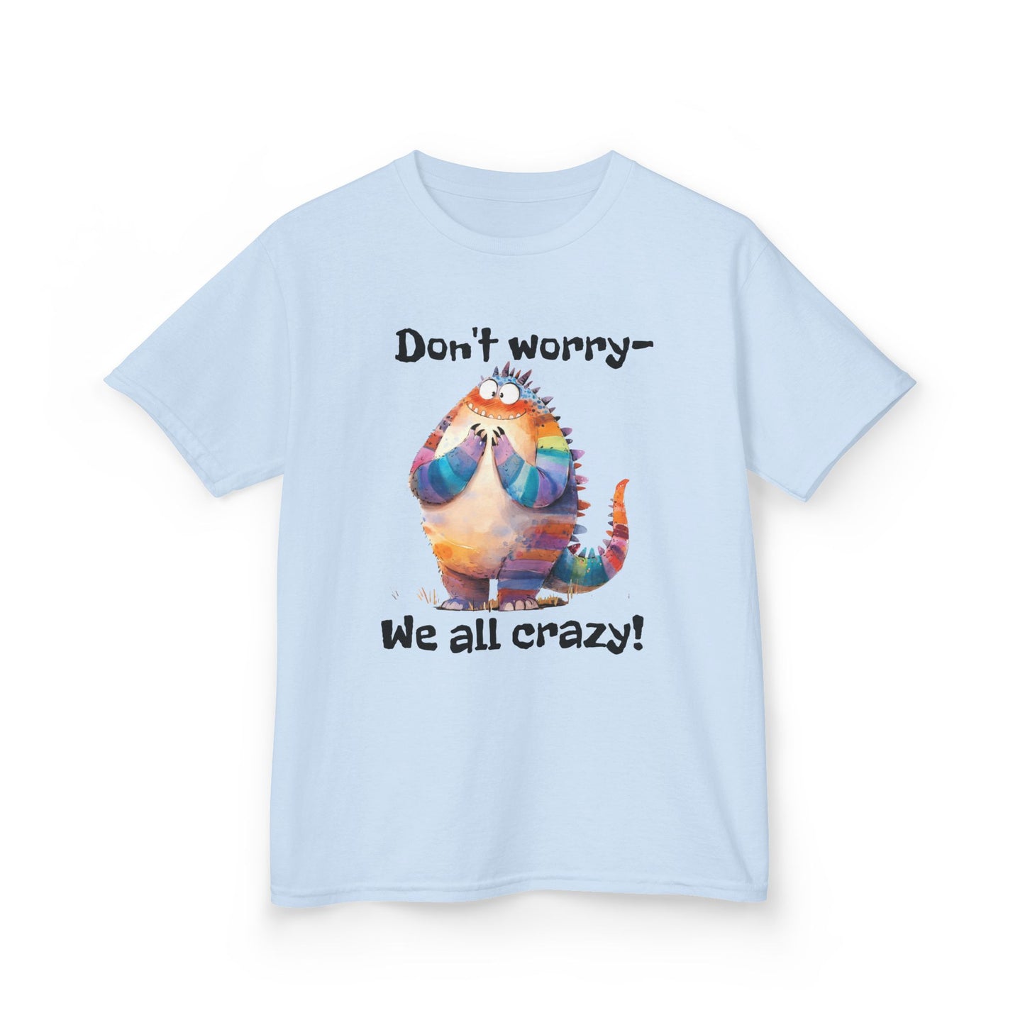 Kids Tee – Colorful Cat "Don't worry — We all crazy!" Cute Graphic