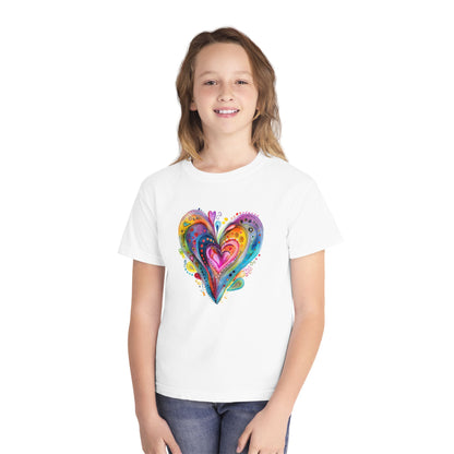 Youth Tee — Colorful Watercolor Heart Graphic Kids T-Shirt