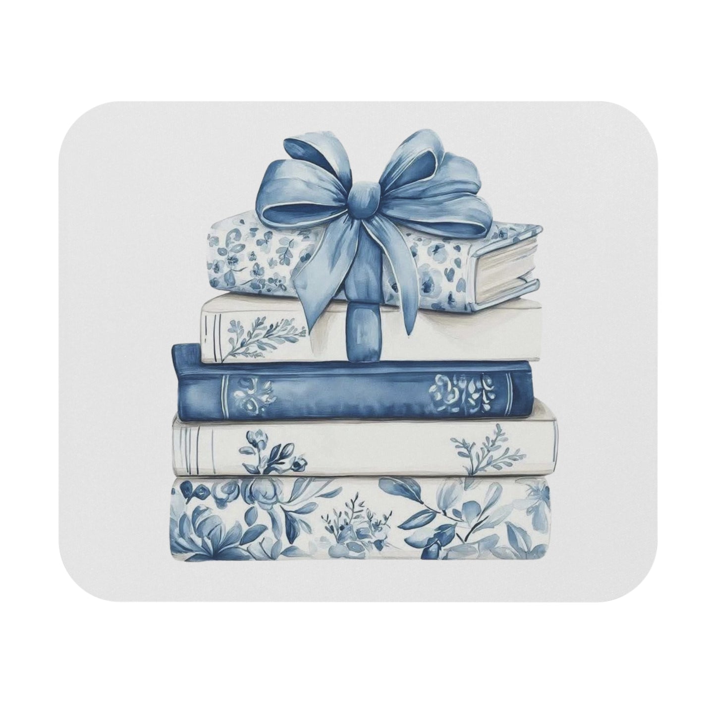 Blue Floral Stacked Books Mouse Pad