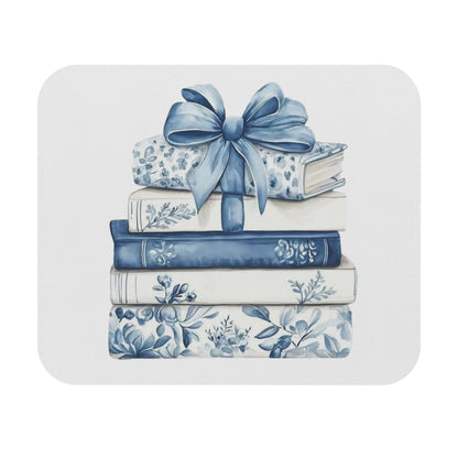 Blue Floral Stacked Books Mouse Pad