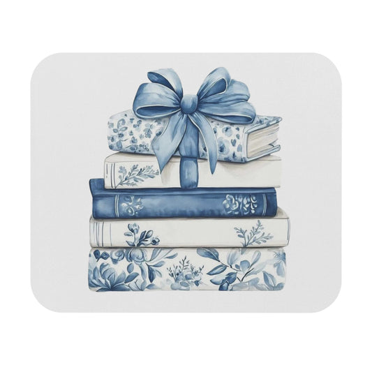 Blue Floral Stacked Books Mouse Pad