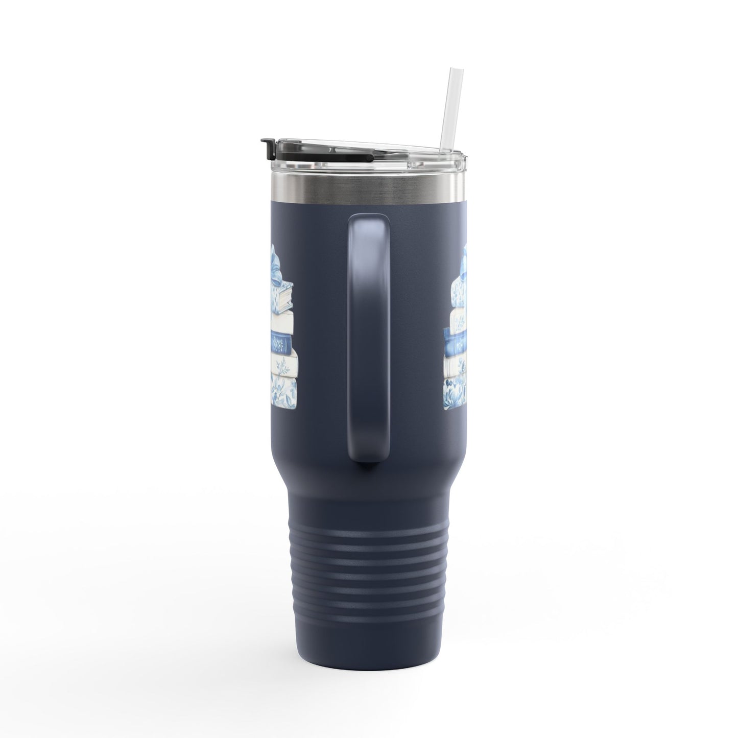 40oz Insulated Travel Mug — Blue Floral Book Stack Design