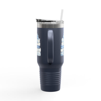 40oz Insulated Travel Mug — Blue Floral Book Stack Design