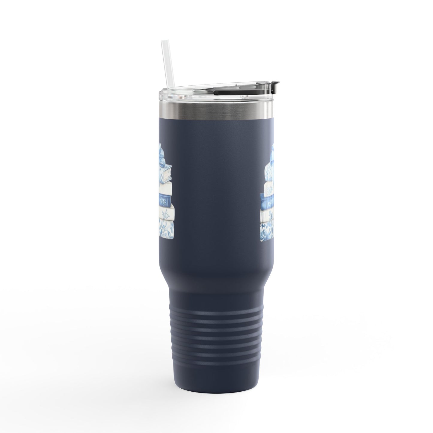 40oz Insulated Travel Mug — Blue Floral Book Stack Design