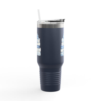 40oz Insulated Travel Mug — Blue Floral Book Stack Design