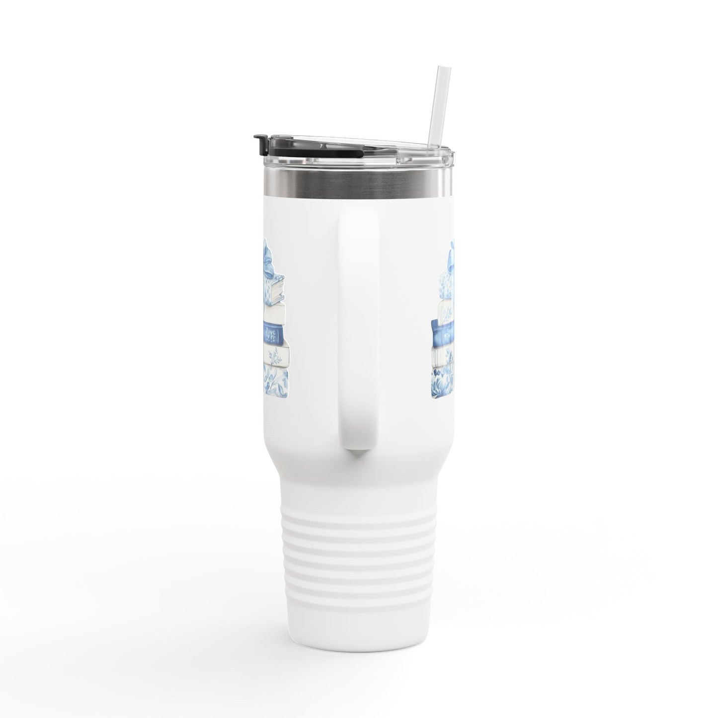 40oz Insulated Travel Mug — Blue Floral Book Stack Design