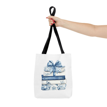Blue Floral Book Stack Tote Bag