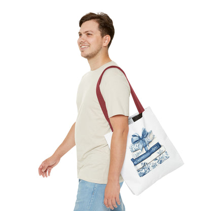 Blue Floral Book Stack Tote Bag