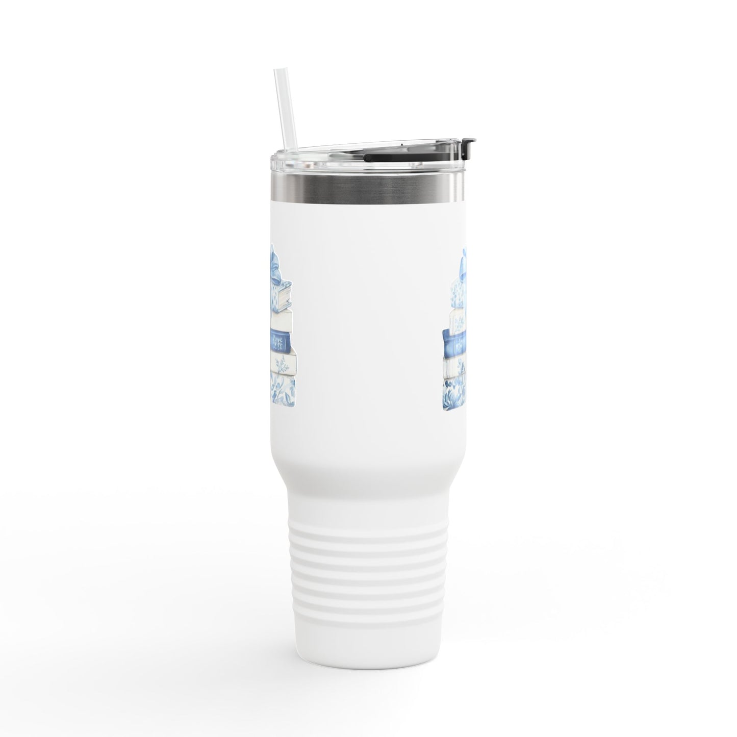 40oz Insulated Travel Mug — Blue Floral Book Stack Design