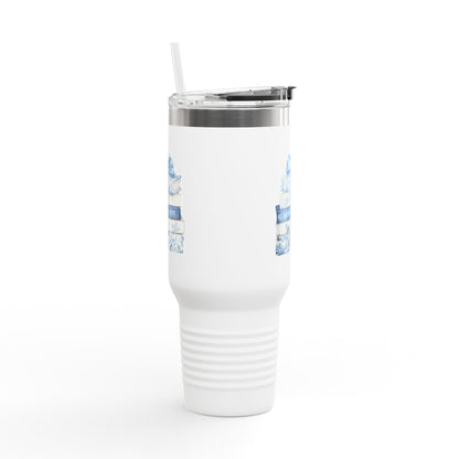 40oz Insulated Travel Mug — Blue Floral Book Stack Design