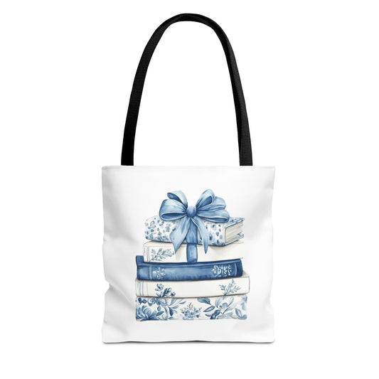 Blue Floral Book Stack Tote Bag
