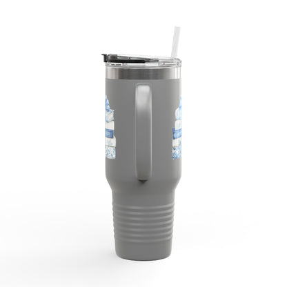 40oz Insulated Travel Mug — Blue Floral Book Stack Design